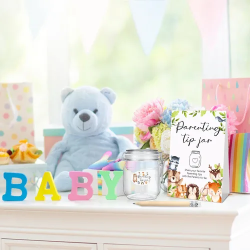 Miniatura 6 de Roowest Tarjetas de consejos de Baby Shower para bebé para nuevos padres - Cartel de frasco de propinas para nuevos padres, 60 tarjetas de consejos