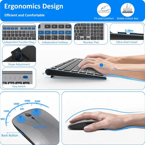 Miniatura 5 de Teclado y mouse inalámbricos, silencioso y silencioso combo de perfil bajo USB C, tamaño completo, compacto con almohadilla numérica plana suave al