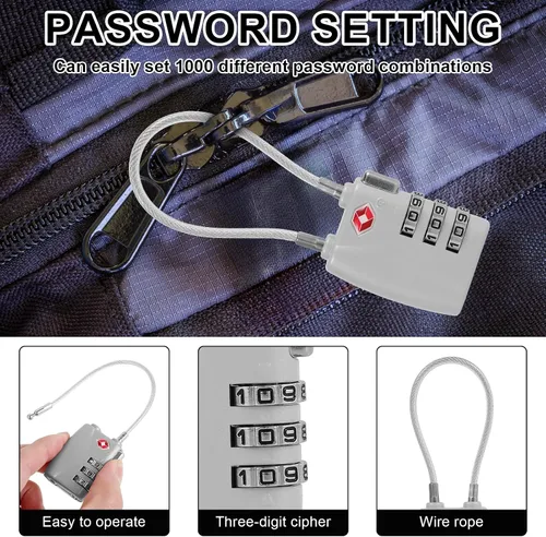 Miniatura 3 de Paquete de 5 cerraduras TSA para equipaje, aprobadas por la TSA, combinación de 3 dígitos, candados de viaje de la TSA, candados de cable Plateado