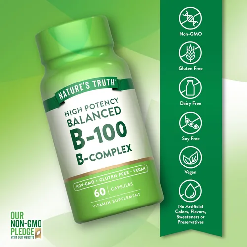 Miniatura 3 de Nature's Truth Complejo de vitamina B para mujeres y hombres 60 cápsulas B-100 de alta potencia Suplemento vegano, sin OMG y sin gluten