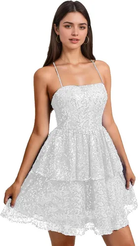 YUAOHUANG Vestido de fiesta de lentejuelas con tirantes delgados 2025 vestidos de cóctel cortos escalonados para mujer