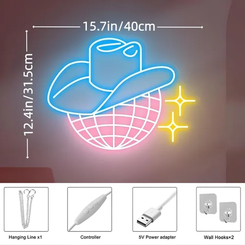 Miniatura 2 de Letrero de neón de bola de discoteca, sombrero de vaquero regulable, luces LED de neón para decoración de pared, letrero iluminado para dormitorio