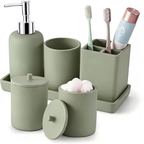 Miniatura 19 de Juego de baño de resina de 6 piezas color beige completo con soporte para cepillos de dientes, dispensador de jabón de loción, 2 dispensadores