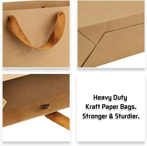 Miniatura 5 de BagDream Bolsas de papel de regalo de 10.6 x 3.1 x 8.3 pulgadas, 50 bolsas de papel kraft marrón resistente con asas de tela suave, bolsas