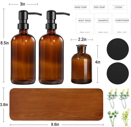Miniatura 2 de KASUNTING Dispensador de jabón de vidrio ámbar con bomba plana mejorada, dispensador de jabón para platos para cocina, dispensador de jabón de manos