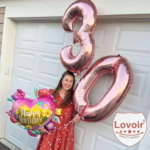 Miniatura 6 de Lovoir Globo de oro rosa de 40 pulgadas con número de 30 dígitos gigantes de papel de aluminio de Mylar para helio de 30 años, decoraciones de oro