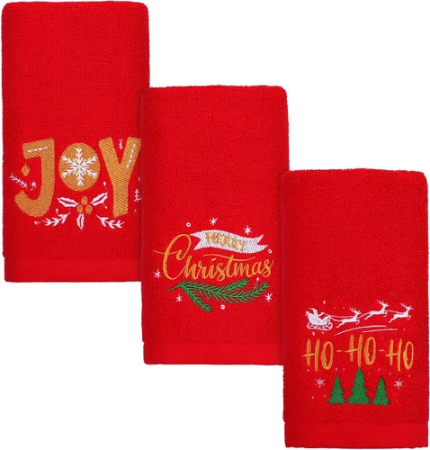 MCEAST Paquete de 3 toallas de mano navideñas de gran tamaño de 25 x 14 pulgadas, toallas de cocina de Navidad 100% algodón, toallas decorativas Rojo