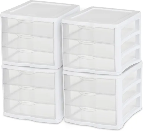 Sterilite - Paquete de 4 unidades de organizador de escritorio de 3 cajones de plástico con cajones transparentes y marco blanco - Almacenamiento