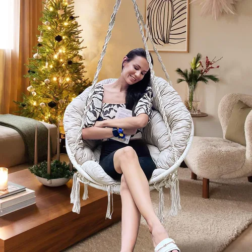 Miniatura 2 de Silla hamaca con cojín, silla columpio de macramé hecha a mano con kits de accesorios para colgar, estilo bohemio, silla colgante de cuerda de Beige