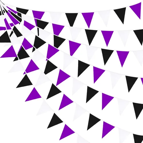 Decoraciones de fiesta de graduación de 32 pies, color morado, negro y blanco, banderines de Halloween, banderines de tela triangular, guirnalda