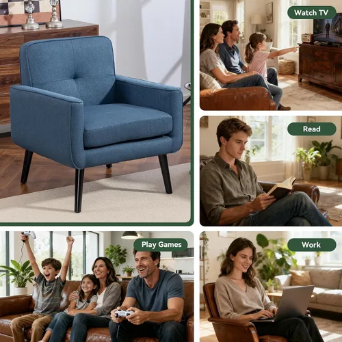 Miniatura 4 de Silla Accent de mediados de siglo, silla moderna de tela con estructura de madera, sillón acogedor para lectura con respaldo cómodo
