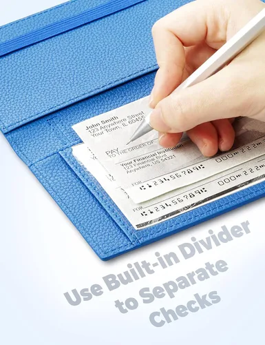 Miniatura 81 de Yarnic Funda para chequera personal, soporte para chequera con soporte para bolígrafo y divisor de plástico transparente integrado para cheques Rosa
