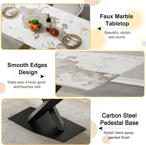 Miniatura 5 de Juego de mesa de comedor de mármol blanco de lujo para 6, 70 pulgadas, mesa de comedor de mármol blanco con 6 sillas de terciopelo verde y base