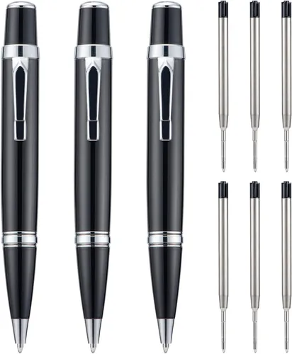 Wikult Juego de 3 mini bolígrafos con recambios adicionales, tinta negra de punta media de 0.039 in, bolígrafo de metal de escritura suave para