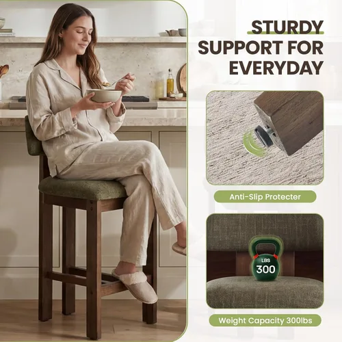 Miniatura 5 de DUOMAY 26 Inch Modern Bar Stools Set of 2, Linen Farmhouse Counter Stools Wooden Barstools, Green Upholstered Counter Height Bar Stools with Curved
