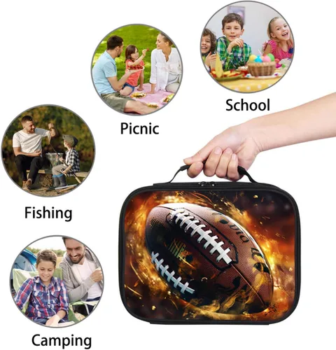Miniatura 7 de Lonchera de fútbol americano para niños y niñas, bolsa de almuerzo escolar para niños, capa aislada, poliéster, a prueba de fugas, para niños a