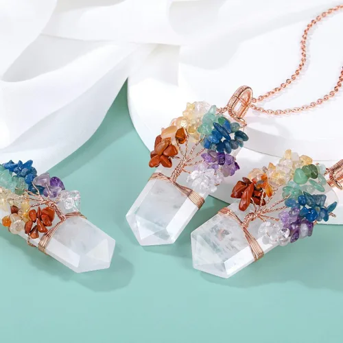 Miniatura 9 de Collar con colgante de árbol de la vida de 7 chakras naturales de cristal curativo de reiki, joyería para mujer para buena suerte, meditación