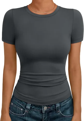 Miniatura 17 de AUTOMET - Camisetas básicas de manga corta para mujer, para verano, entrenamiento o gimnasio, con cuello redondo, ropa moderna estilo Y2K