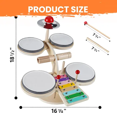 Miniatura 8 de iPlay, iLearn Juego de Batería de Madera para Niños Pequeños, Juguete de Instrumentos Musicales para Niños, Juego de Batería de Percusión 8 en 1