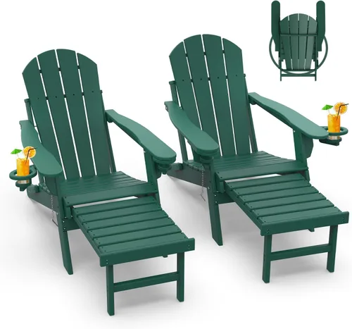 Miniatura 34 de GREENVINES Sillas Adirondack con Otomano Juego de 2 Grano de Madera Plegable Reposapiés Retráctil Plástico HDPE Silla para Hoguera Todo