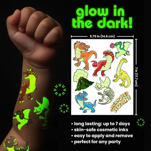 Miniatura 3 de Savvi - 50 tatuajes temporales Mighty Dino: brilla en la oscuridad, tinta segura para la piel, ideal para fiestas de cumpleaños, regalos para niños