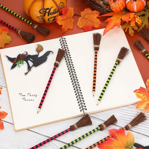 Miniatura 7 de Ireer Lápiz de escoba de bruja de Halloween, bolígrafos coloridos de escoba de bruja, lápices de escritura, recuerdos de fiesta de Halloween