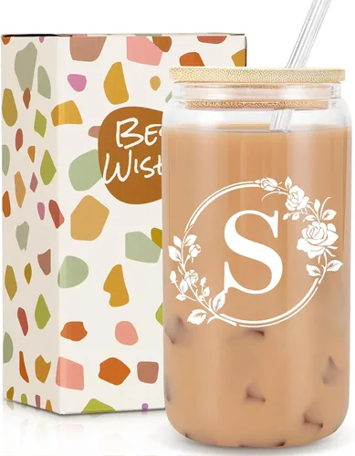 Miniatura 17 de Regalos de cumpleaños para mujeres, taza de vidrio personalizada con monograma de iniciales para mujeres, tazas de vidrio de 16oz con tapas