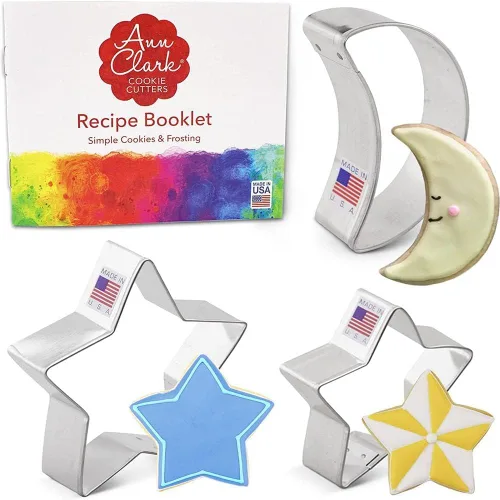 Ann Clark - Cortadores de galletas celestiales de luna creciente y estrellas, juego de 3 piezas, fabricado en Estados Unidos