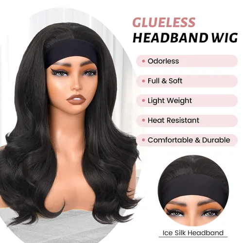 Miniatura 3 de Peluca de Diadema Ondulada Onda Corporal Suelta Sin Pegamento Cabello Sintético para Mujeres Negras Sin Encaje Frontal Pelucas de Diadema Densidad