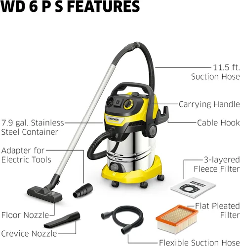 Miniatura 2 de Kärcher aspiradora de taller WD 6 P S, 7.9 galones, 6.2 HP máximos, alcance de 37 pies, aspiradora húmeda-seca, de uso intensivo, función sopladora