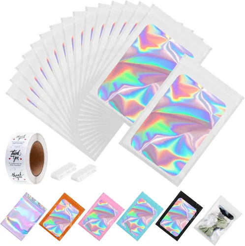 Miniatura 28 de Paquete de 150 bolsas holográficas de Mylar de 5 x 8 pulgadas con ventana transparente, pequeñas bolsas de papel de aluminio resellables