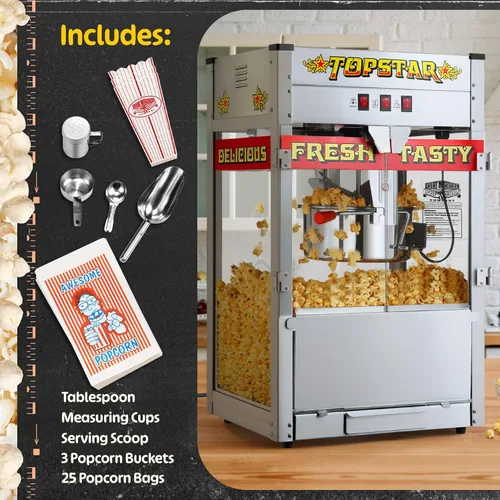 Miniatura 5 de Máquina de Palomitas Top Star - Hervidor de Acero Inoxidable de 12 oz, Bandeja para Granos Rechazados, Luz de Calentamiento y Accesorios de Great