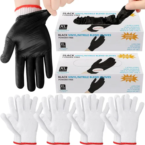 Janmercy Kit de 200 guantes desechables de nitrilo para barbacoa con 8 forros de algodón lavables de 5 mil para asar a la parrilla, cocinar guantes