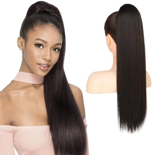 Miniatura 15 de Flufymooz - Extensión de cola de caballo de 26 pulgadas, extensiones de cabello con cordón y clip rectas, cola de caballo falsa natural suave