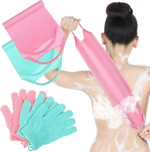 Miniatura 9 de Juego de 4 paños exfoliantes para la espalda, 2 toallas exfoliantes de nailon para la espalda, 2 pares de guantes de ducha para mujeres y hombres