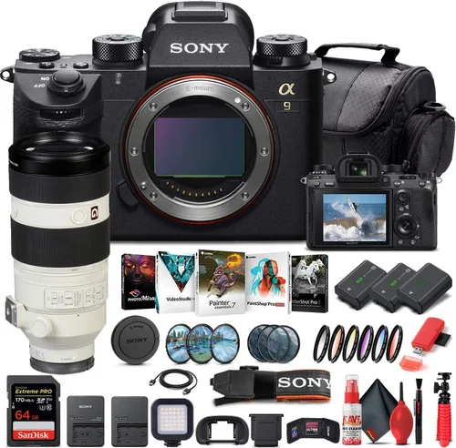 Sony Cámara digital sin espejo Alpha a9 (solo cuerpo) (ILCE9/B) + lente Sony FE de 3.937-15.748 in + tarjeta de memoria de 64 GB + 2 baterías