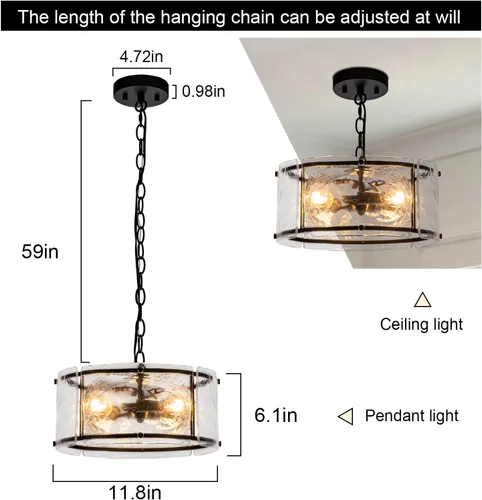 Miniatura 3 de Lámparas colgantes negras de 11.8 pulgadas, 3 lámparas de cristal de tambor pequeño para mesa con cadena, lámpara para vestíbulo, isla de cocina