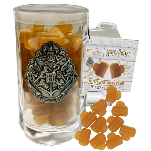 Jelly Belly Taza de cristal de Harry Potter con caramelos masticables de cerveza de mantequilla, caramelo inspirado en la película clásica con sabor