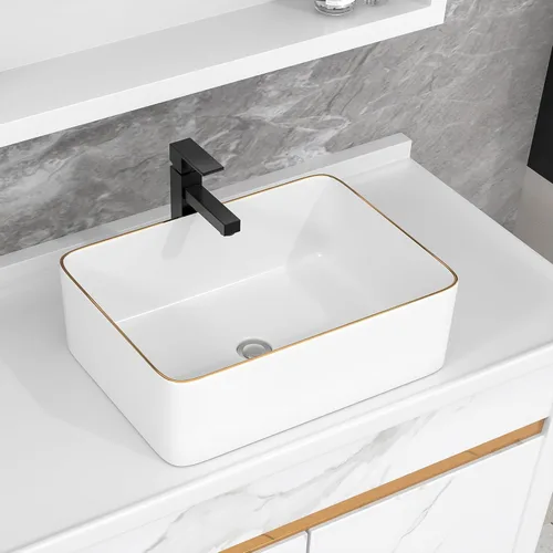 Miniatura 13 de Fregadero de recipiente blanco redondo - Fulorni 33x33 cm Lavabo de baño de cerámica de porcelana con borde dorado sobre encimera, fregadero