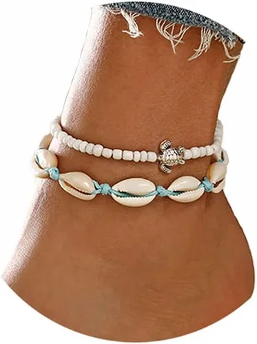 Aluinn Juego de tobilleras de concha con capas de tortuga bohemia, pulseras de tobillo plateadas, cadena de pie de playa, accesorios de joyería para