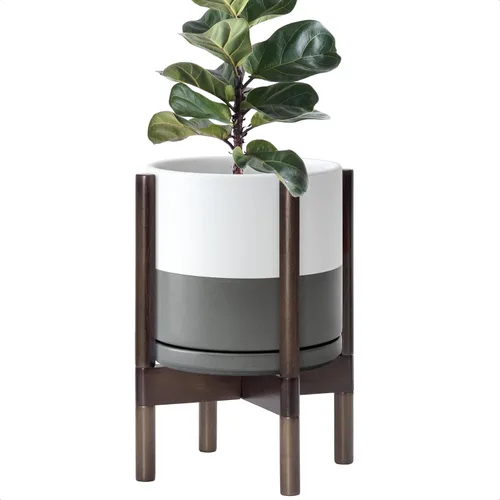 Miniatura 37 de D'vine Dev Maceta de cerámica con soporte de ébano – Maceta redonda moderna de 8 pulgadas con soporte para maceta de madera, color negro, 55-B-M-2
