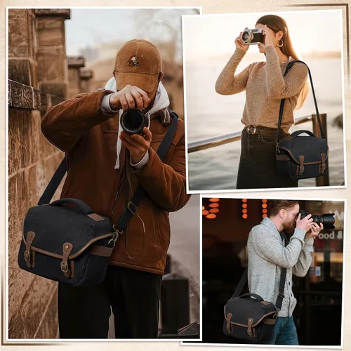 Miniatura 7 de RAINSMORE - Bolsa de cámara de lona, estuche para cámara DSLR/SLR/sin espejo, bolsas de hombro compactas para fotógrafos con funda para la lluvia
