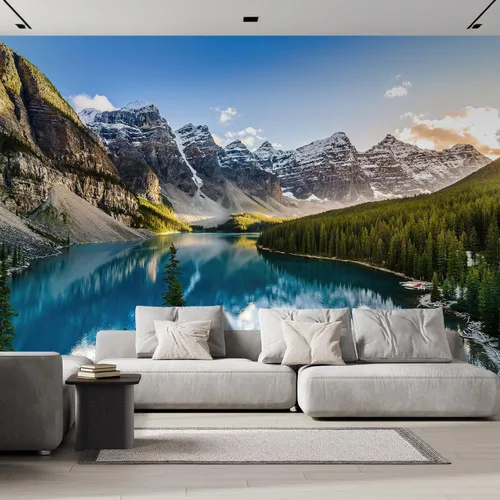 wall26 Mural de pared extraíble con vista del paisaje del lago Moraine y la cordillera al atardecer en las montañas rocosas canadienses, papel tapiz