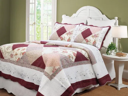 [Exposición de flores] 100% algodón hipoalergénico Patchwork Juego de edredón de 3 piezas para dormitorio, ropa de cama tamaño King, color burdeos