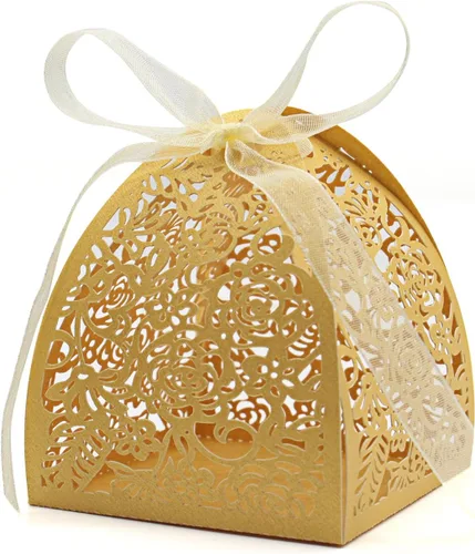 KPOSIYA - 70 Cajas para dulces, cortadas con láser, 2.5 x 2.5 x 3.1 pulgadas, cajas de regalo para despedidas de soltera, cumpleaños o boda Oro