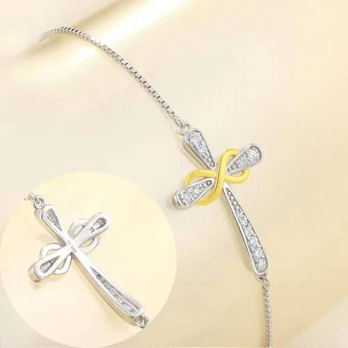 Miniatura 4 de YL Pulsera de cruz de plata de ley 925 con eslabones laterales infinitos, joyería de piedra natal para mujer