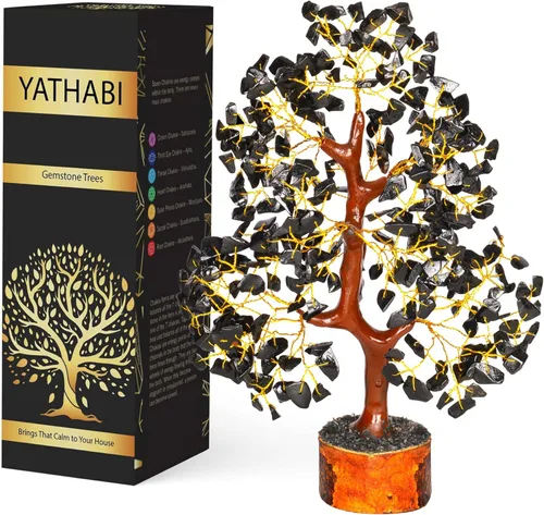 YATHABI Escultura de gema de turmalina negra, árbol de cristal, decoración de Feng Shui, árbol de dinero de buena suerte
