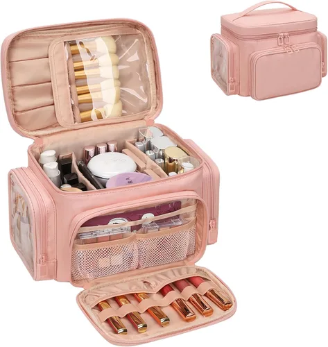 Miniatura 10 de Bagmoly Bolsa de maquillaje grande, organizador portátil de maquillaje para mujeres y niñas con compartimento para brochas de maquillaje y dos