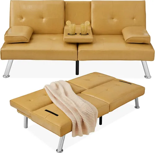 Miniatura 12 de Futón sofá cama para entretenimiento Best Choice Products, moderno, se dobla y reclina, muebles, con posavasos Negro
