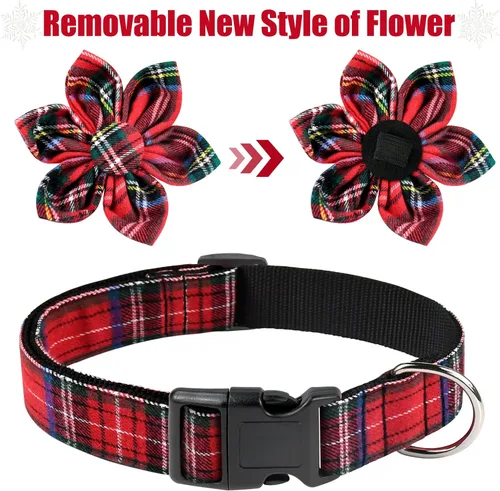 Miniatura 3 de Malier Collar de Navidad para perro con flor, clásico collar de perro a cuadros de búfalo con hebilla, collares de Navidad ajustables con pajarita
